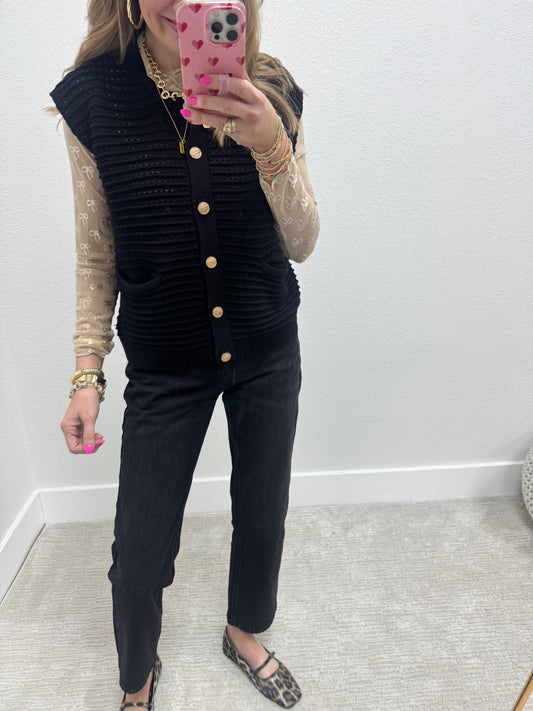 Black Crochet Knit Vest Top With Pockets