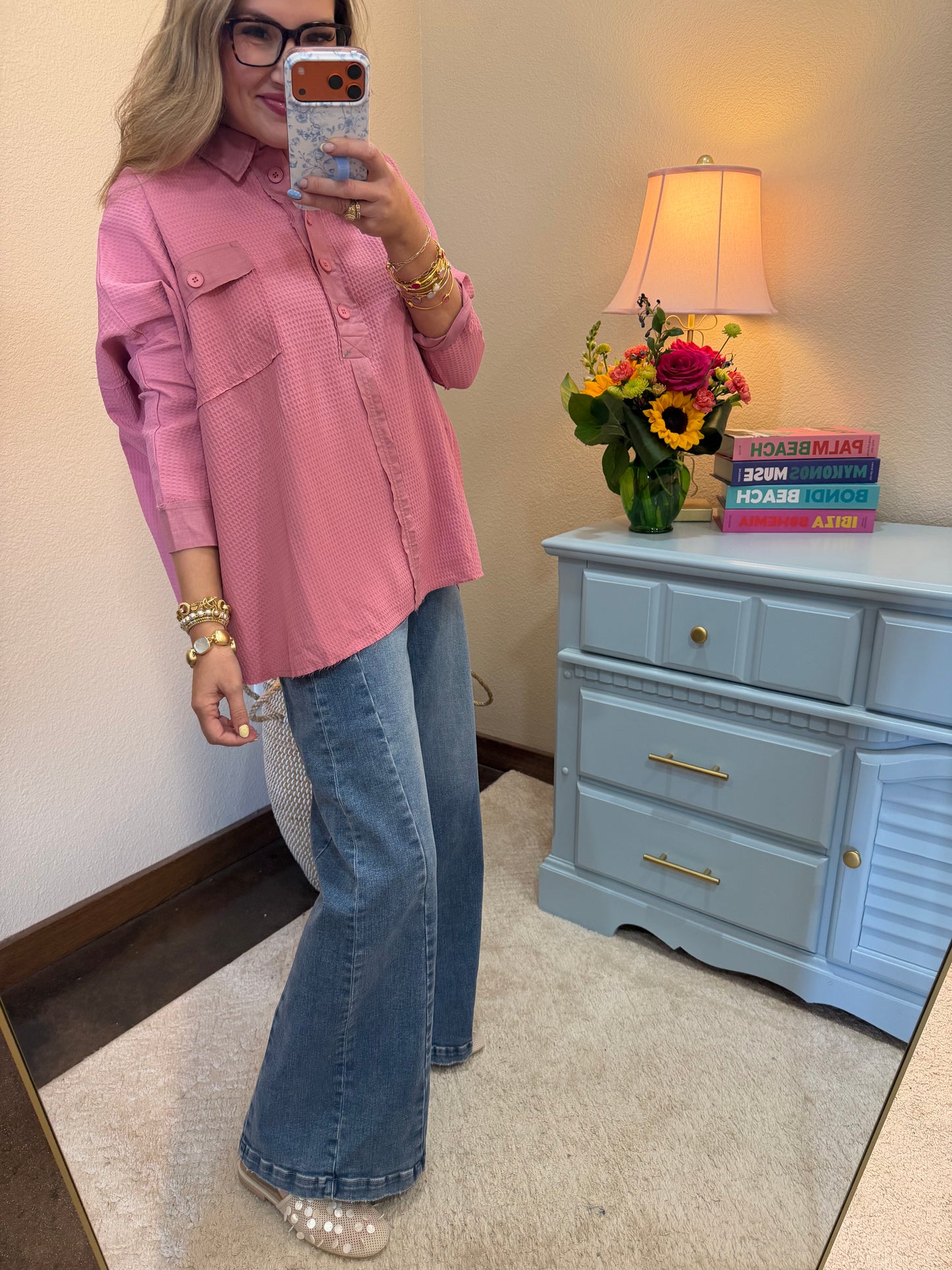 Pink Waffle Style Oversized Button Pullover