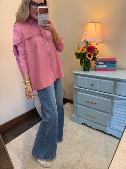 Pink Waffle Style Oversized Button Pullover