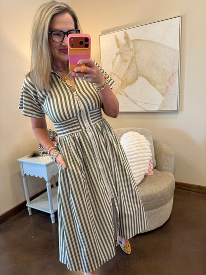 Olive Stripe Front Zip Up Dress