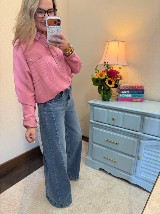 Pink Waffle Style Oversized Button Pullover