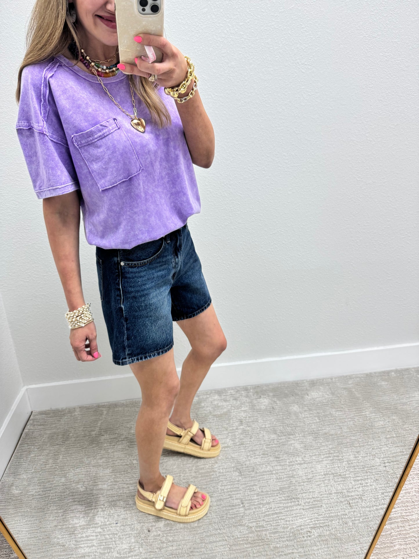 Dark Wash Mid Thigh Denim Shorts