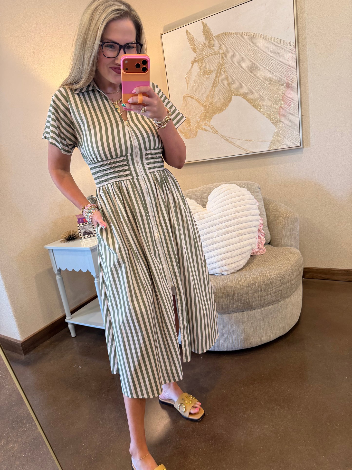 Olive Stripe Front Zip Up Dress