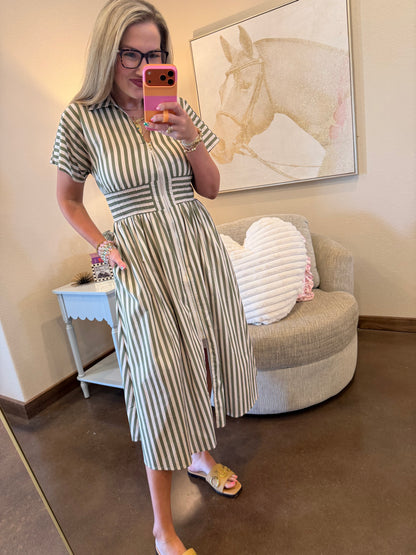 Olive Stripe Front Zip Up Dress