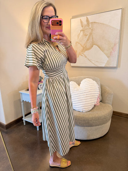 Olive Stripe Front Zip Up Dress
