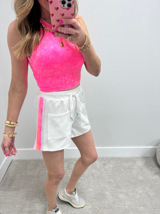 Neon Pink Seamless Ribbed Crop Tank With Built In Bra