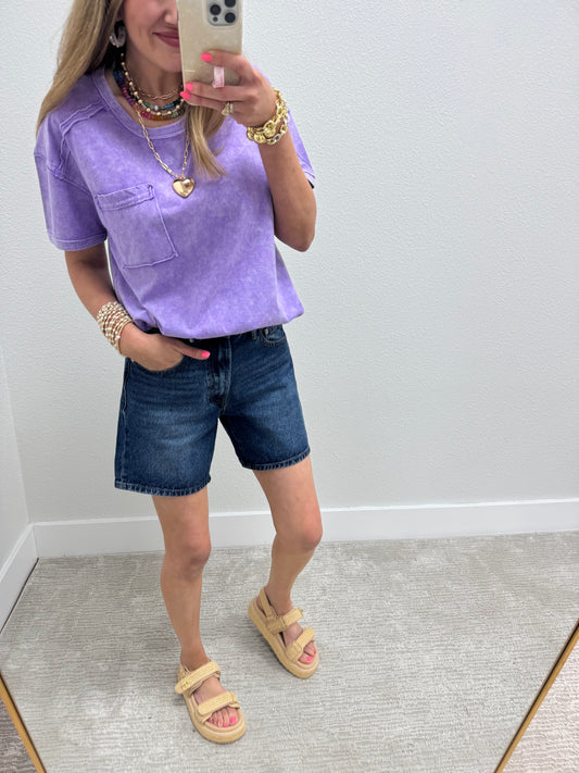 Dark Wash Mid Thigh Denim Shorts