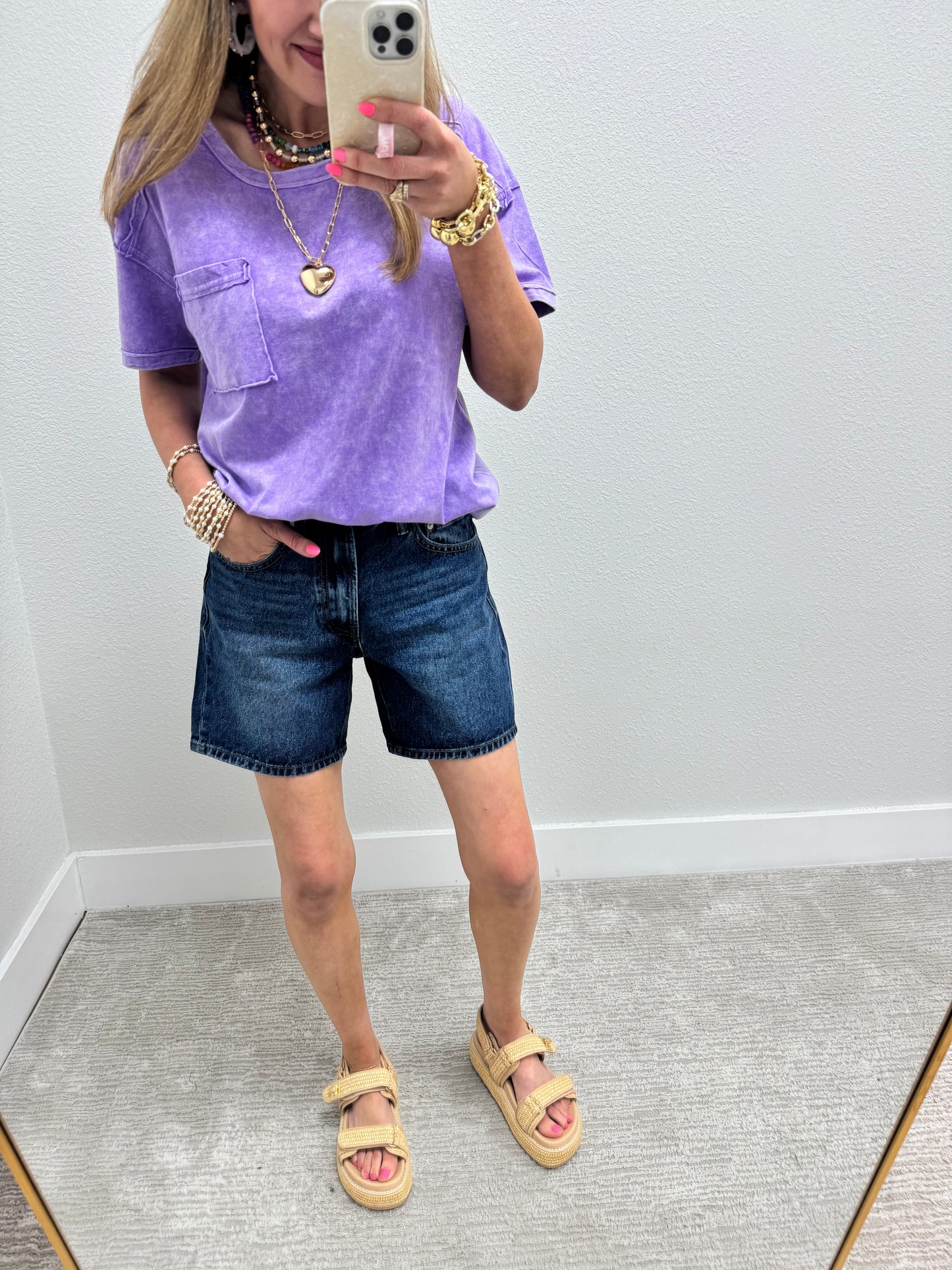 Dark Wash Mid Thigh Denim Shorts