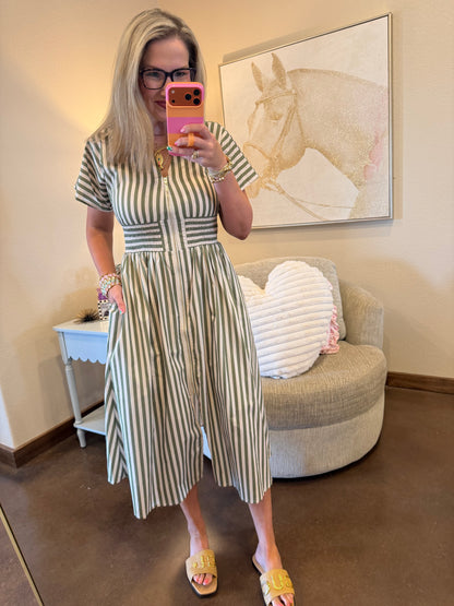 Olive Stripe Front Zip Up Dress
