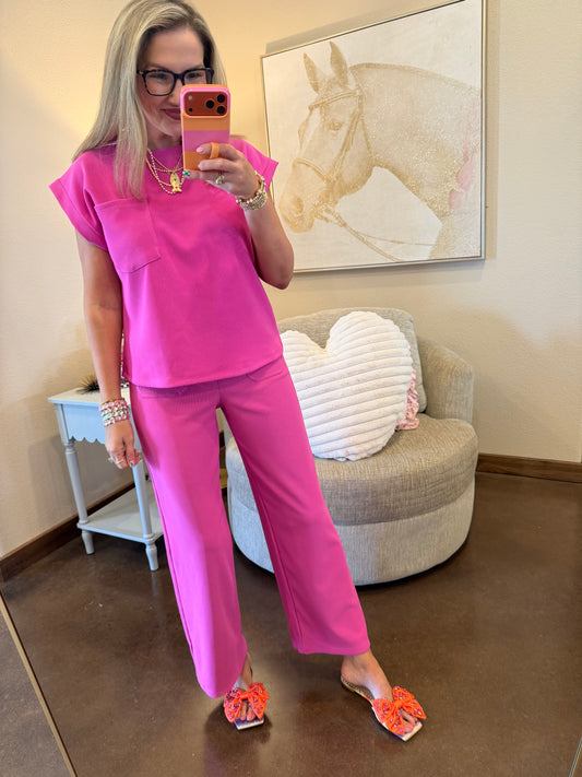Magenta Ribbed Two Piece Pant Set