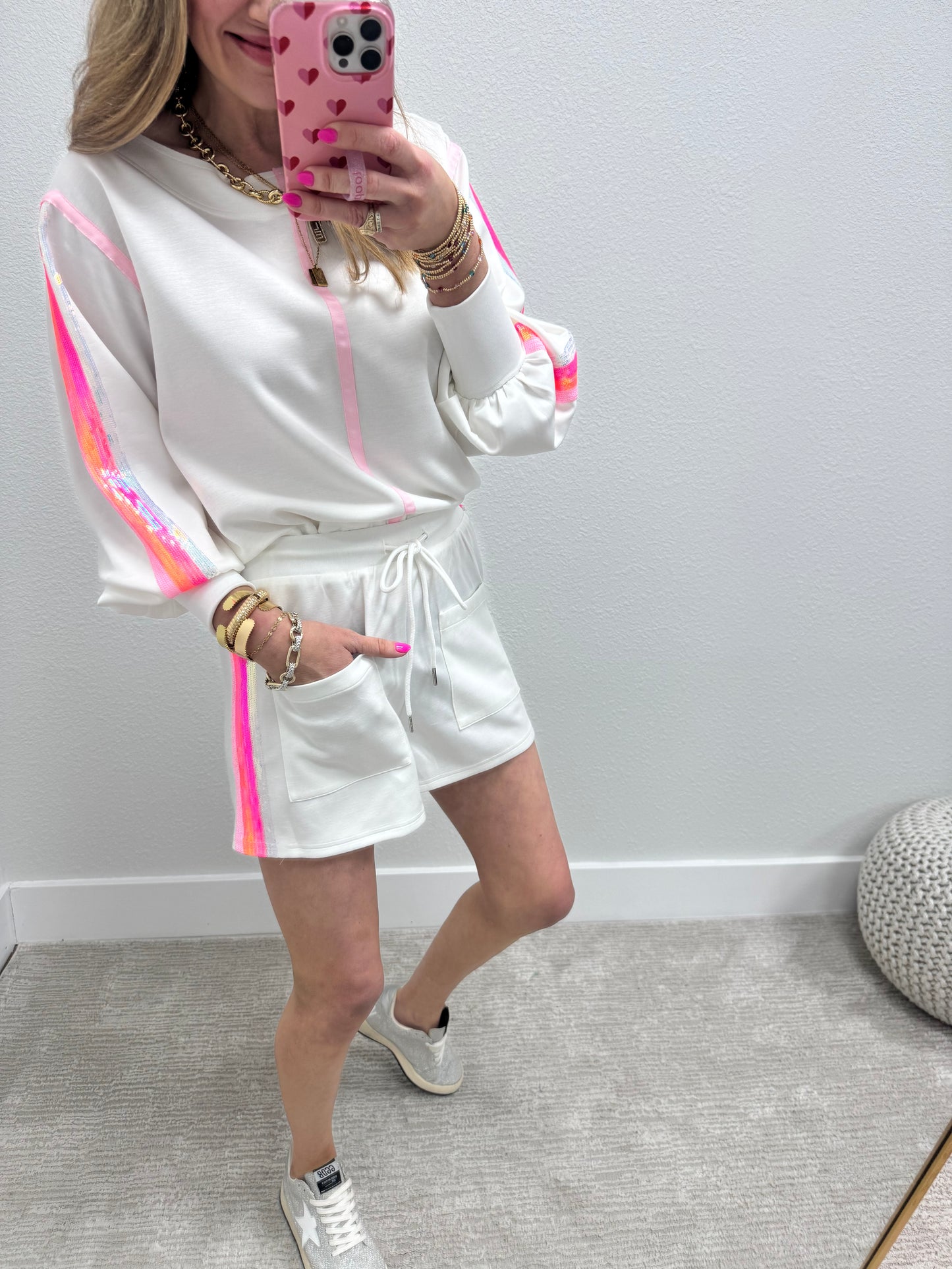 Ivory Sequin Stripe Scuba Short Set