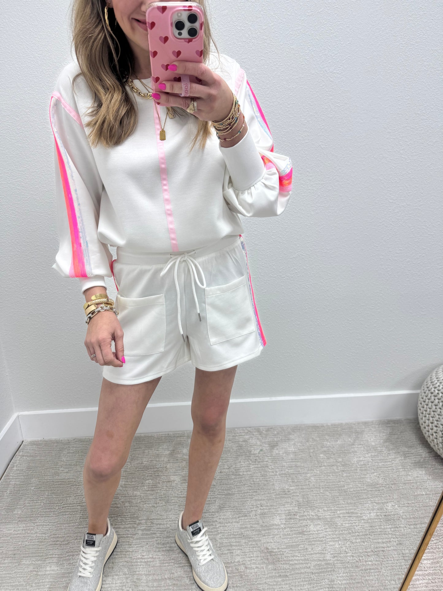 Ivory Sequin Stripe Scuba Short Set