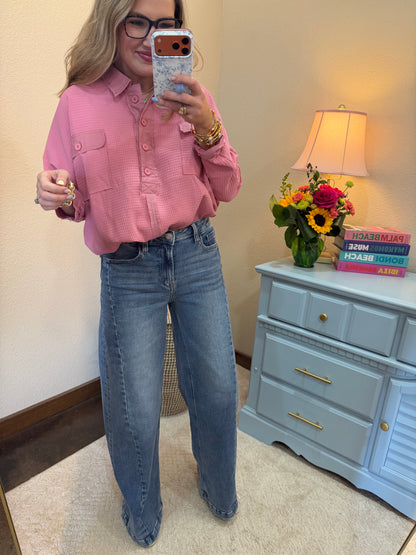 Pink Waffle Style Oversized Button Pullover