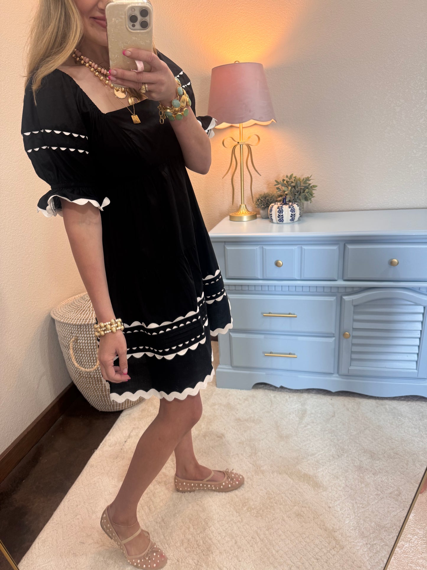 Black and White Ric Rac Puff Sleeve Dress