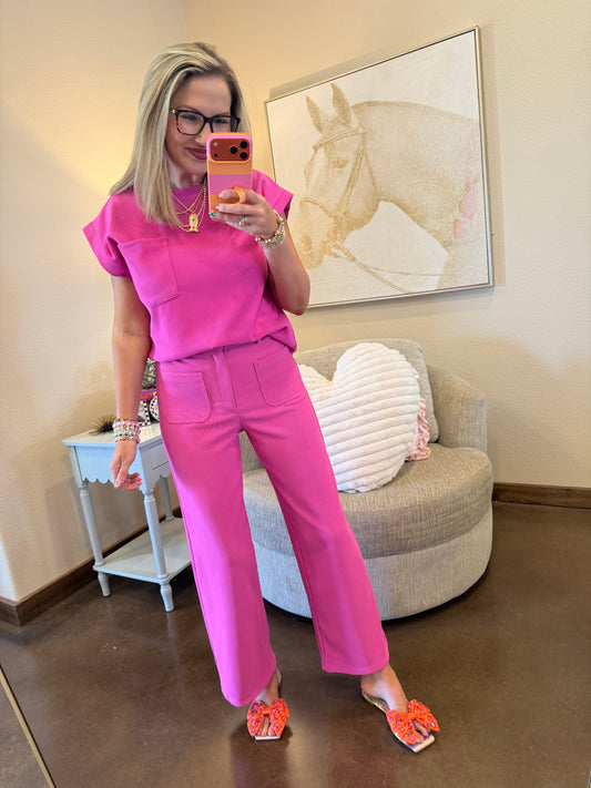 Magenta Ribbed Two Piece Pant Set