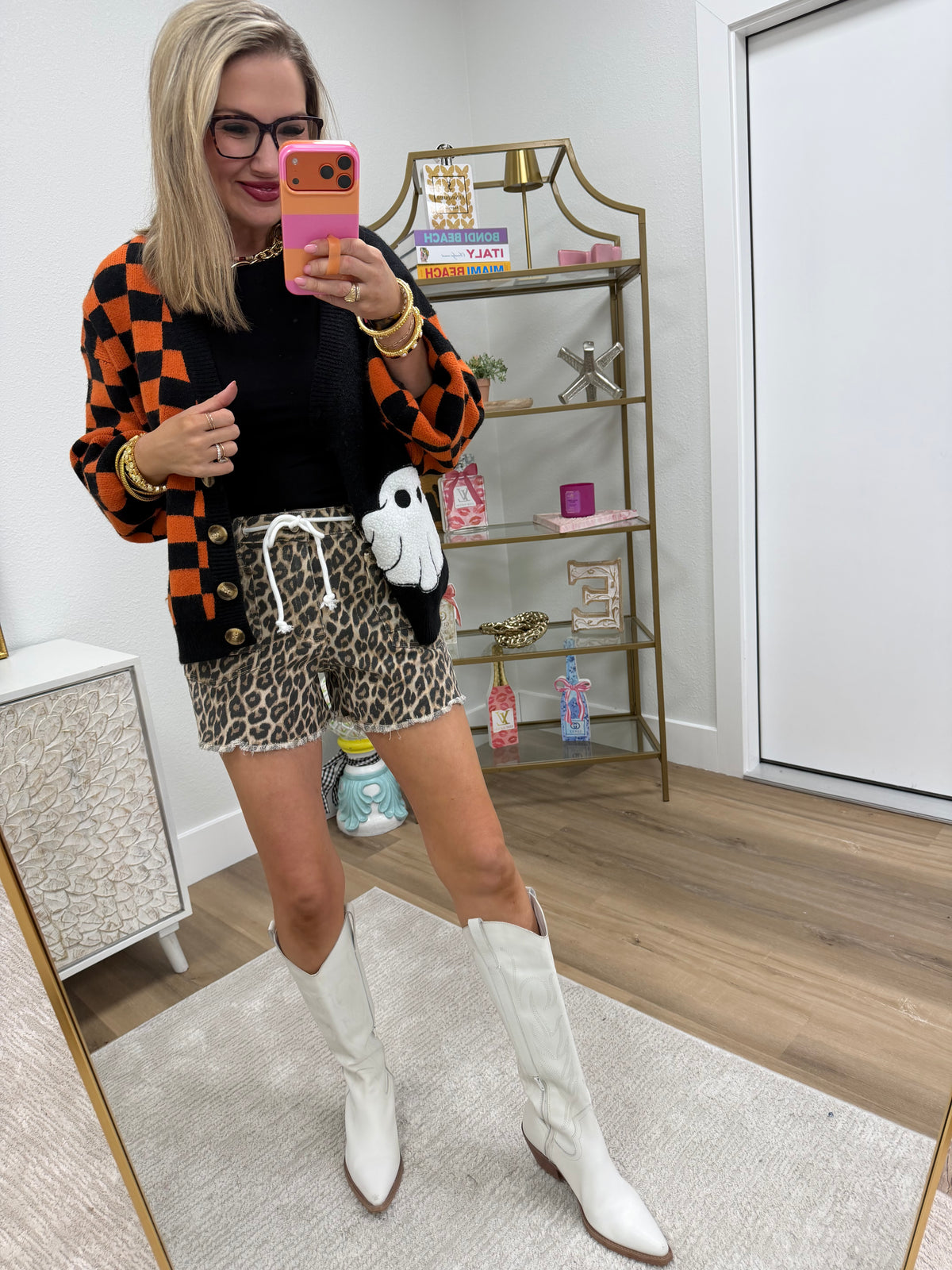 Vervet Drawstring Leopard Denim Shorts