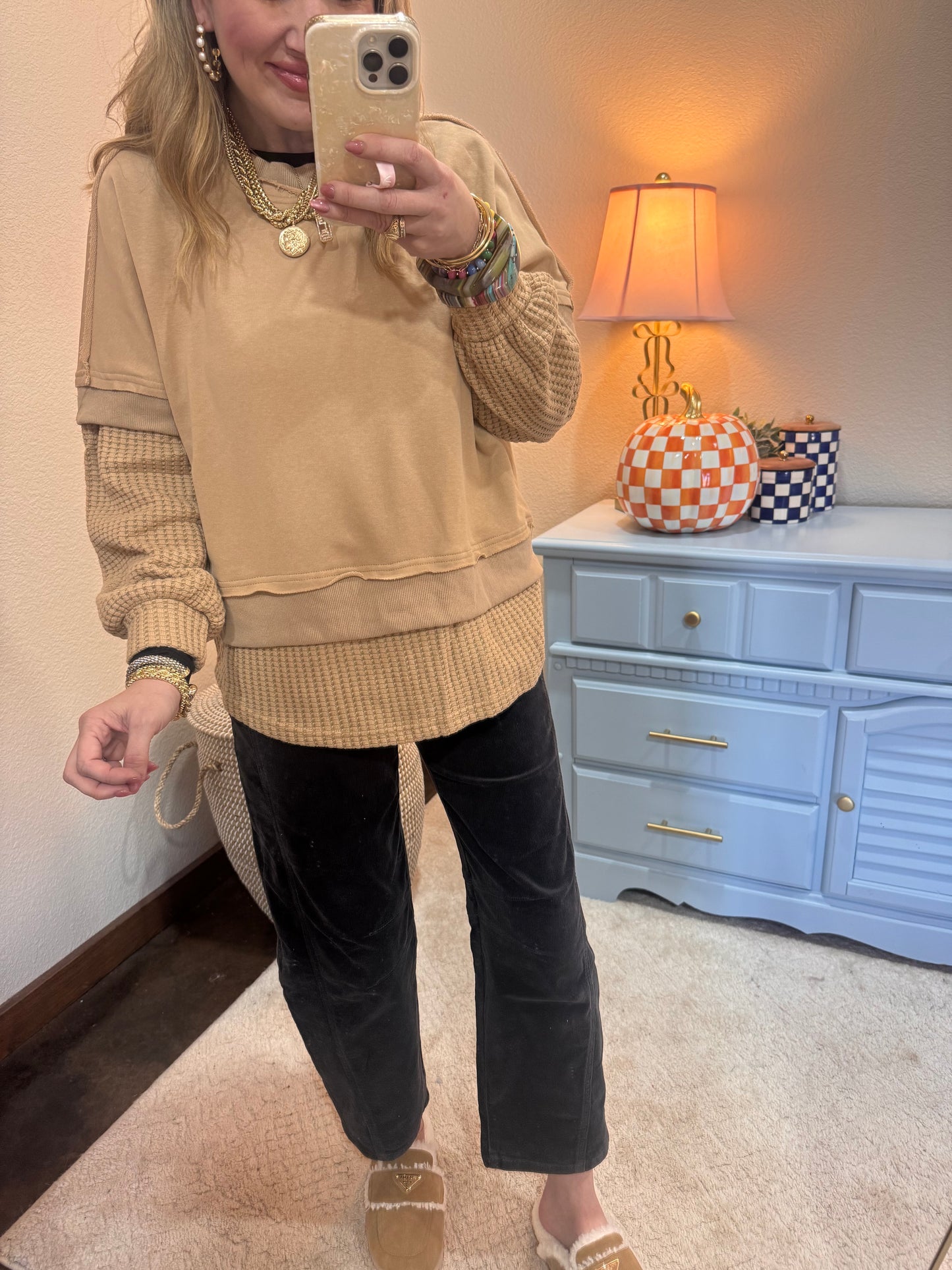 Taupe Long Sleeve Contrast Top