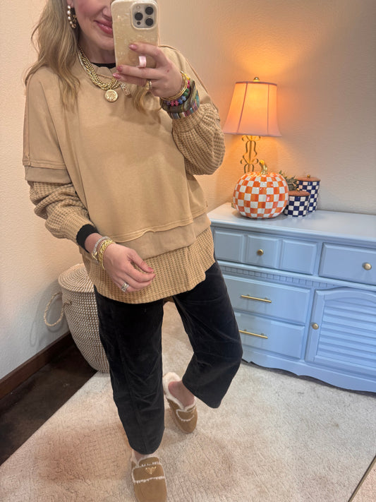 Taupe Long Sleeve Contrast Top