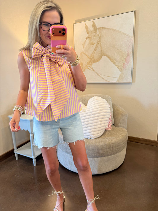 Lavender Tie Neck Sleeveless Stripe Top
