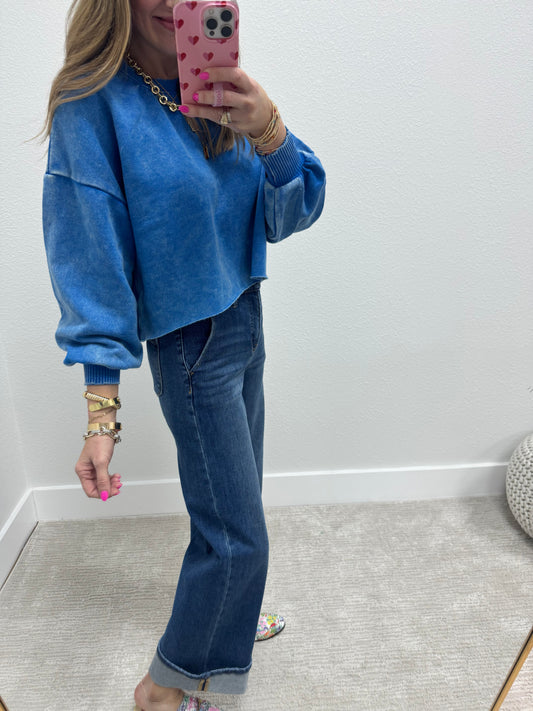 Ocean Blue Acid Washed Crop Pullover FS