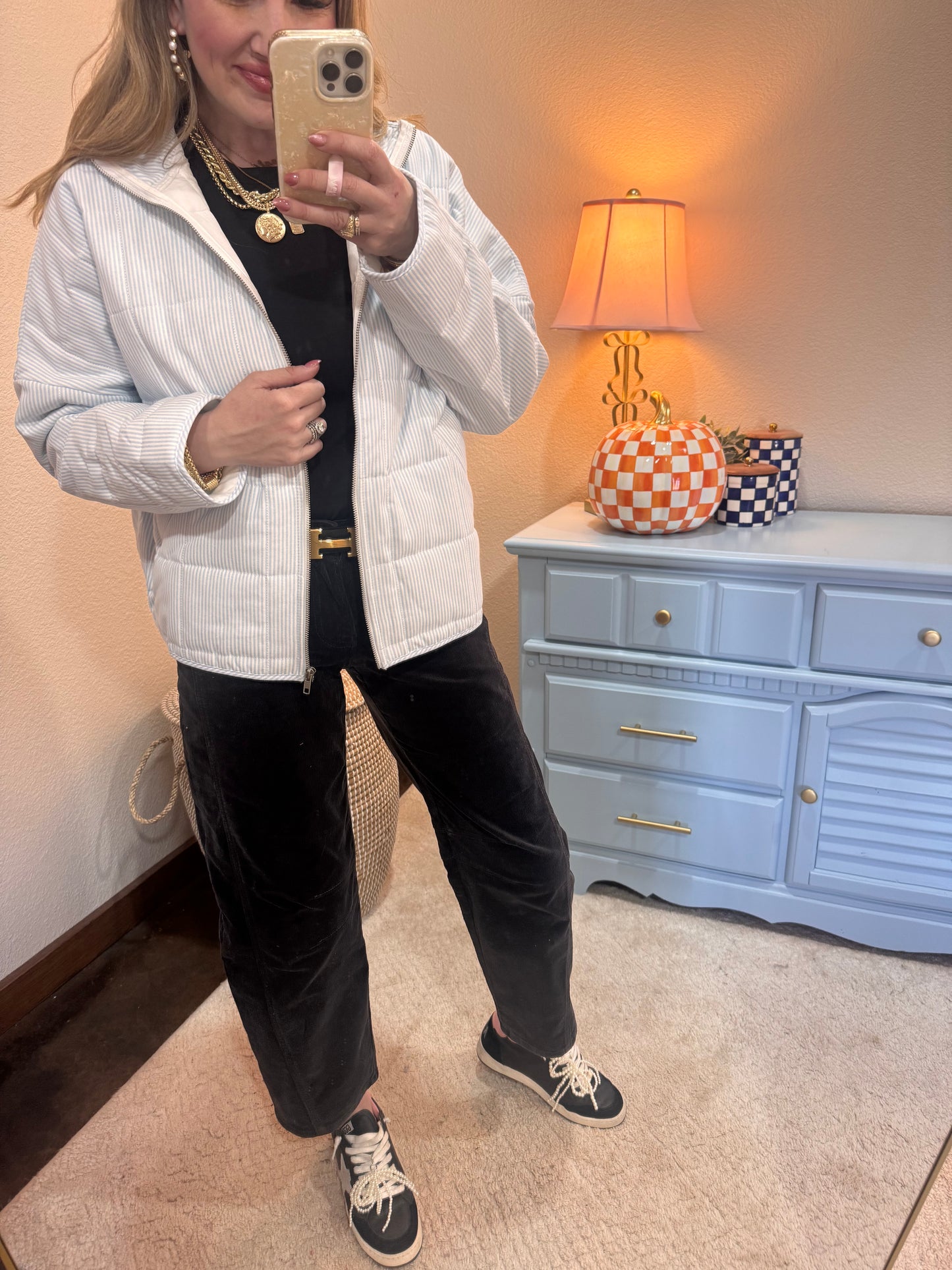 Light Blue Stripe Oxford Light Weight Quilted Jacket