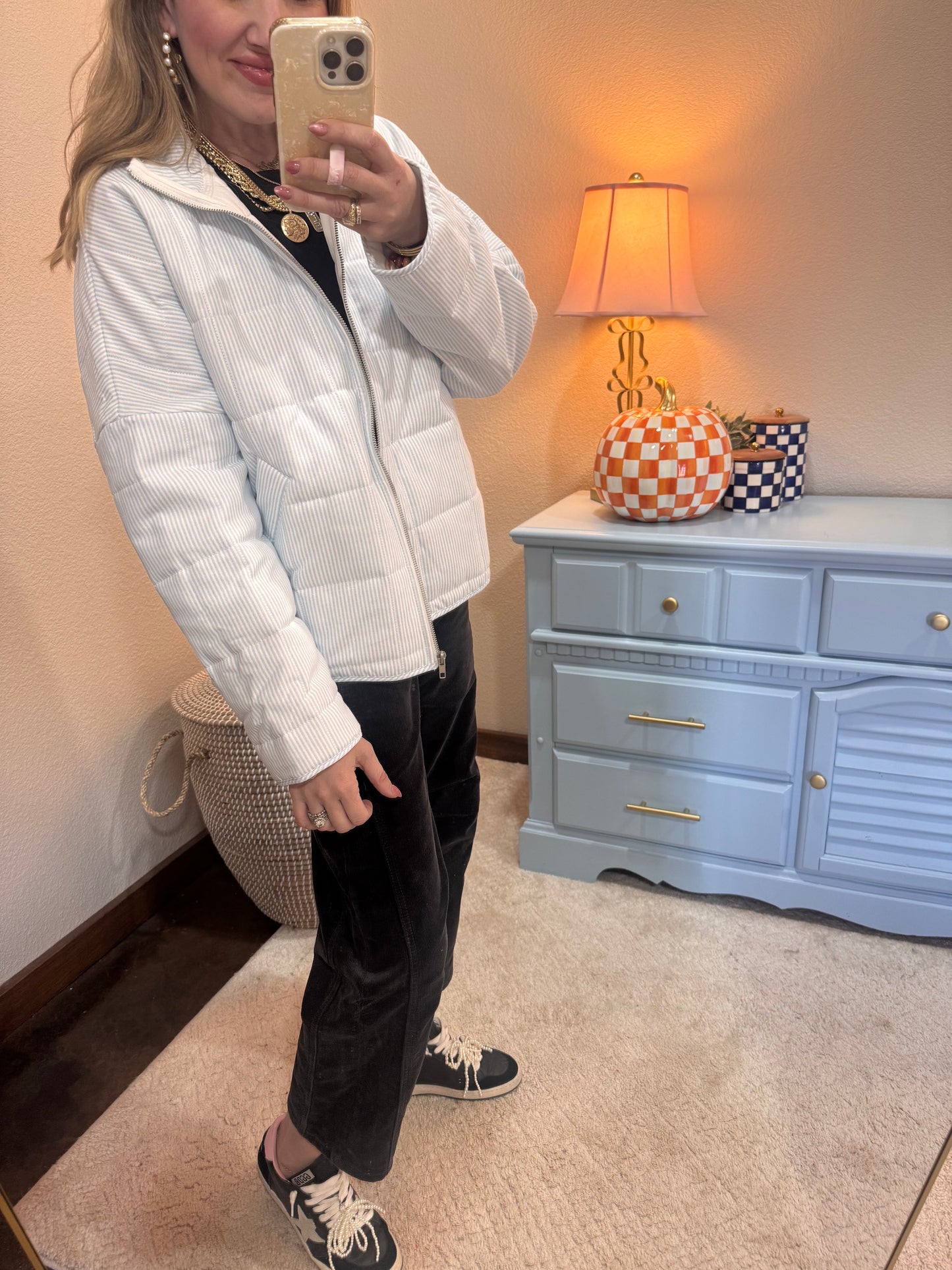 Light Blue Stripe Oxford Light Weight Quilted Jacket