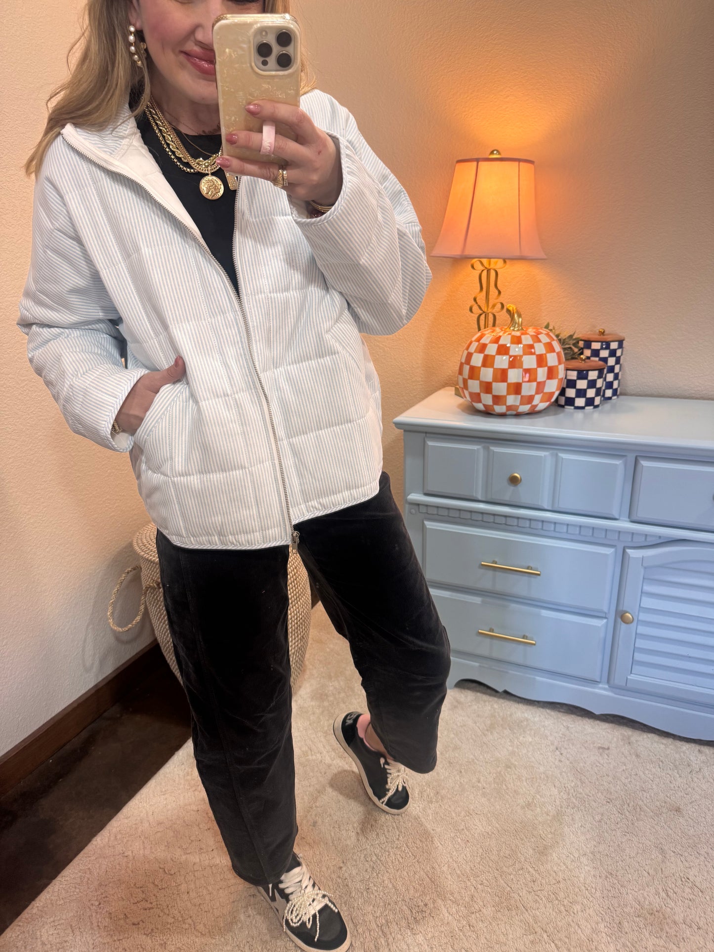 Light Blue Stripe Oxford Light Weight Quilted Jacket