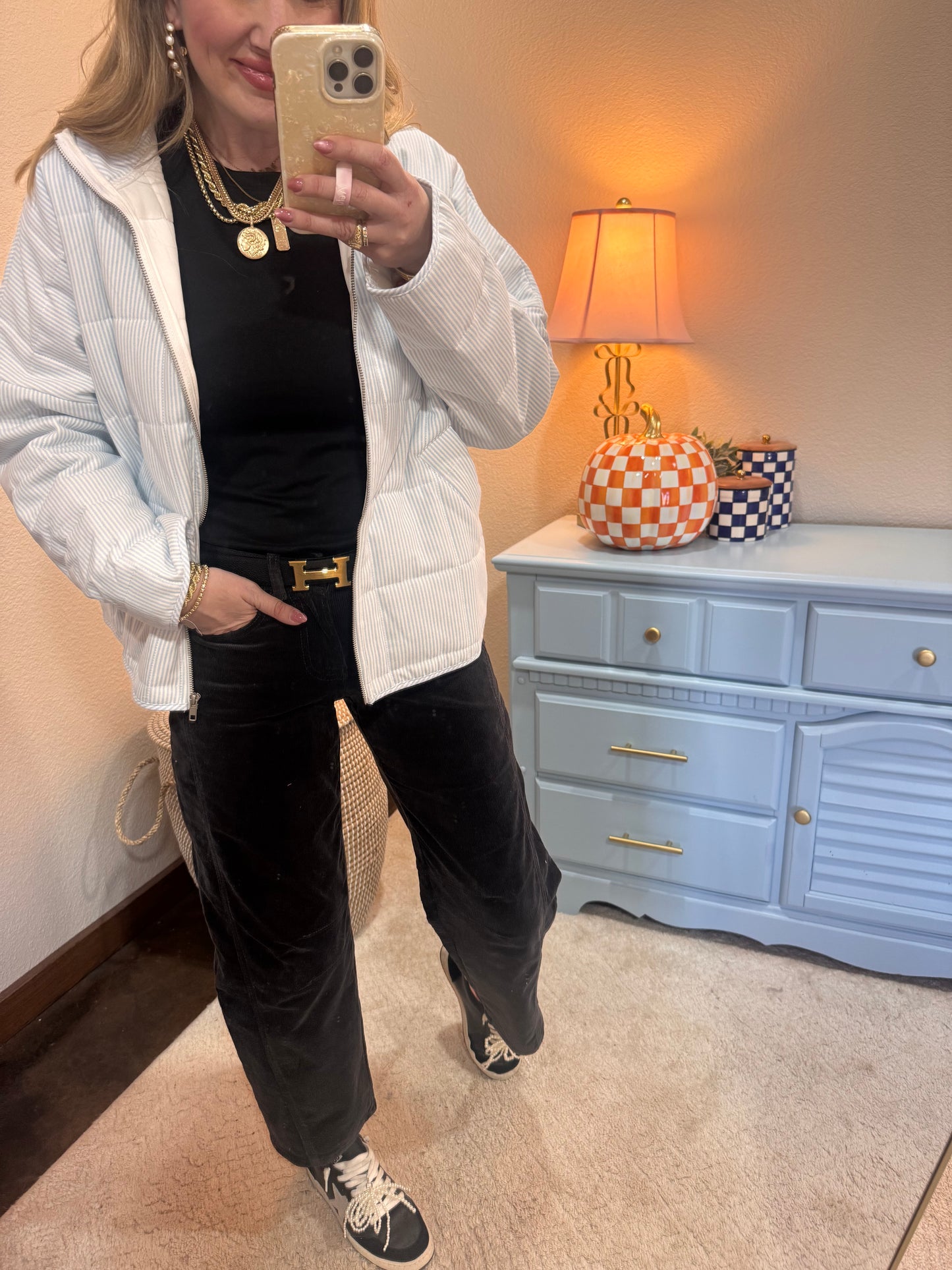 Light Blue Stripe Oxford Light Weight Quilted Jacket