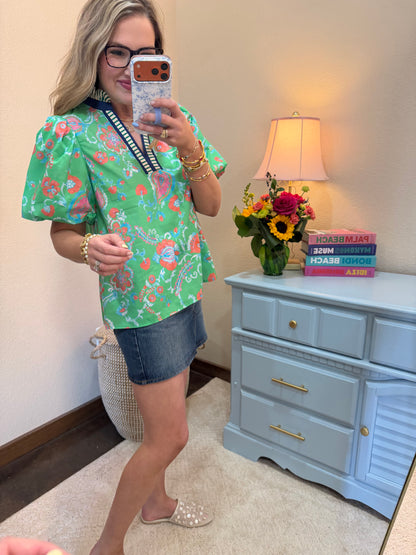 Green and Navy Printed Puff Sleeve Top