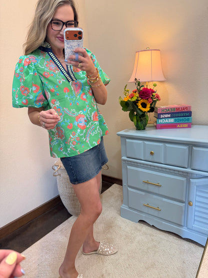 Green and Navy Printed Puff Sleeve Top