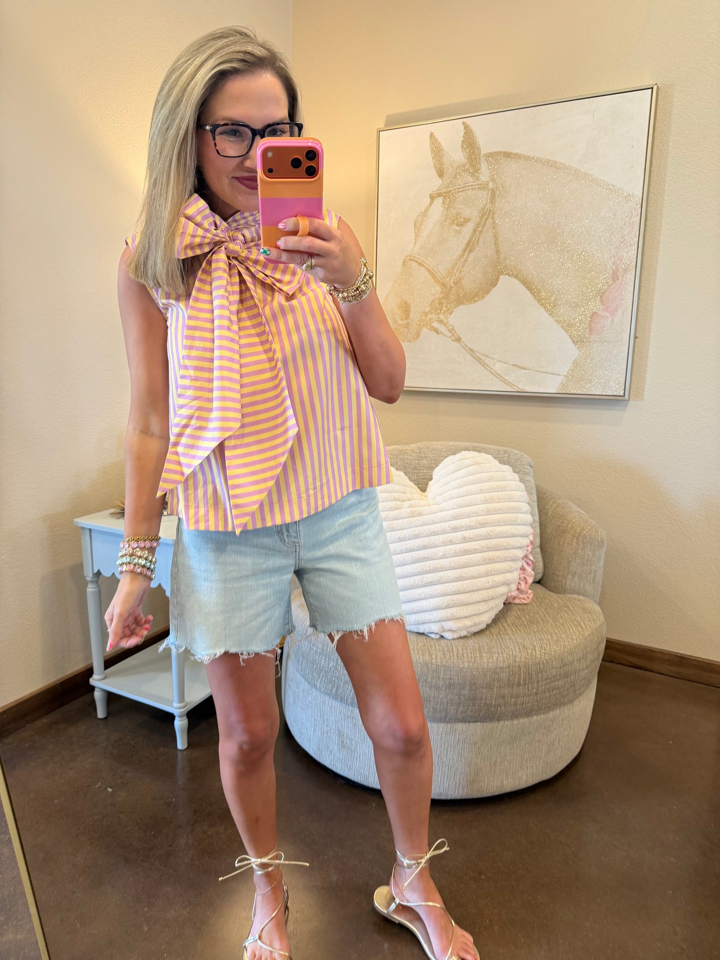 Lavender Tie Neck Sleeveless Stripe Top