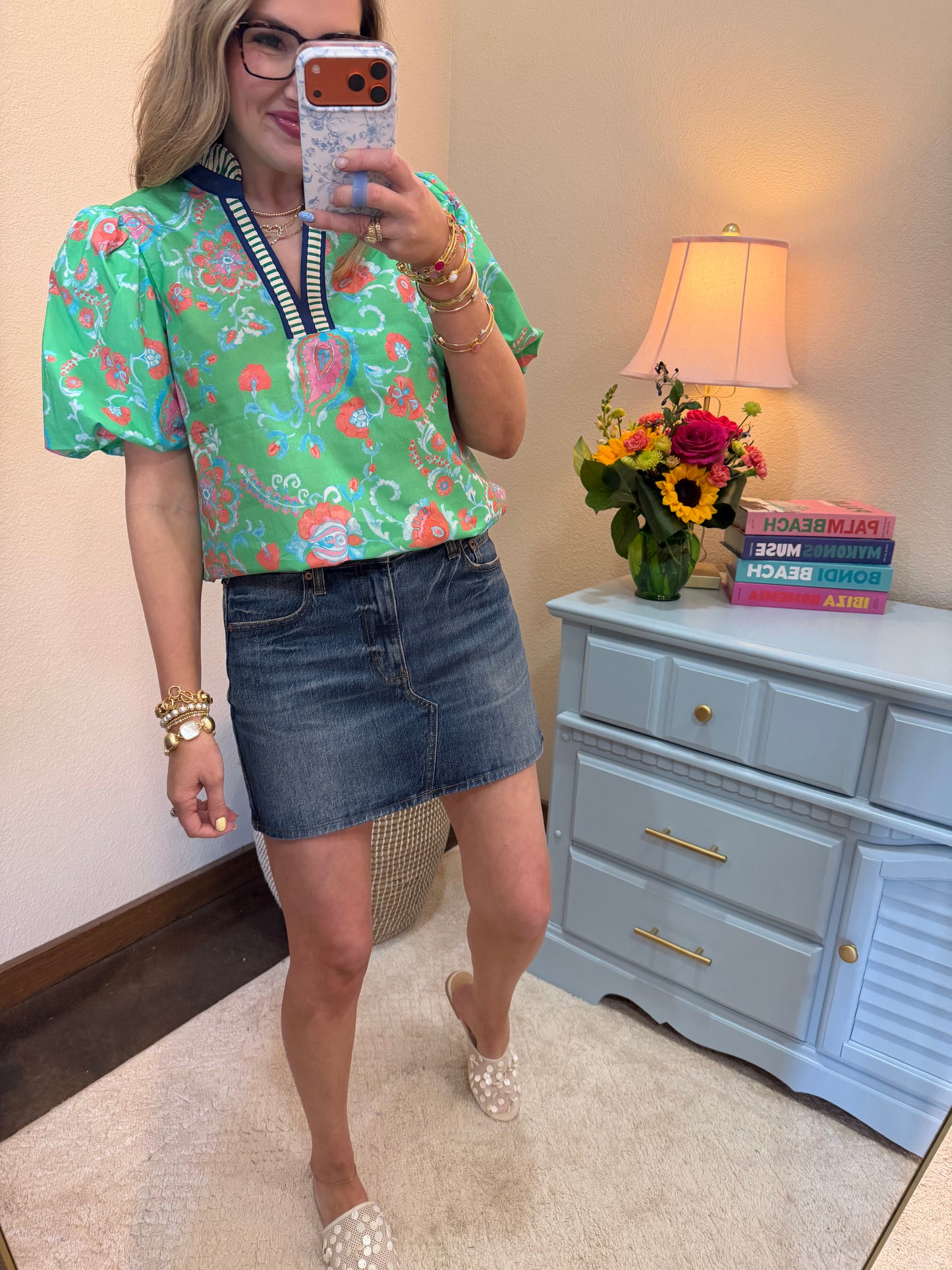 Green and Navy Printed Puff Sleeve Top