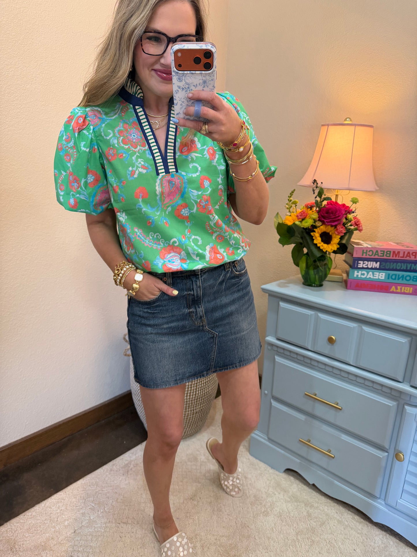 Green and Navy Printed Puff Sleeve Top