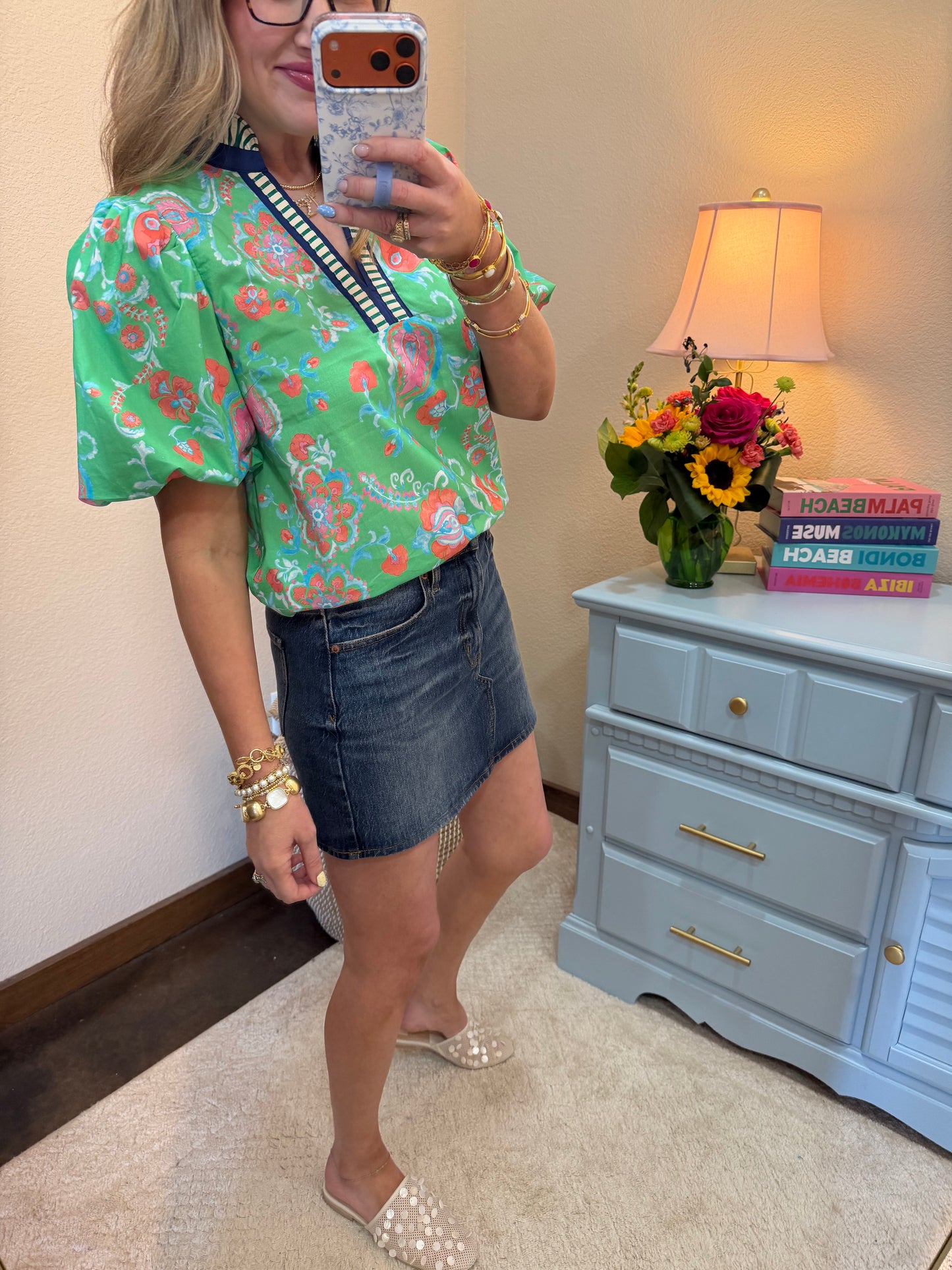 Green and Navy Printed Puff Sleeve Top