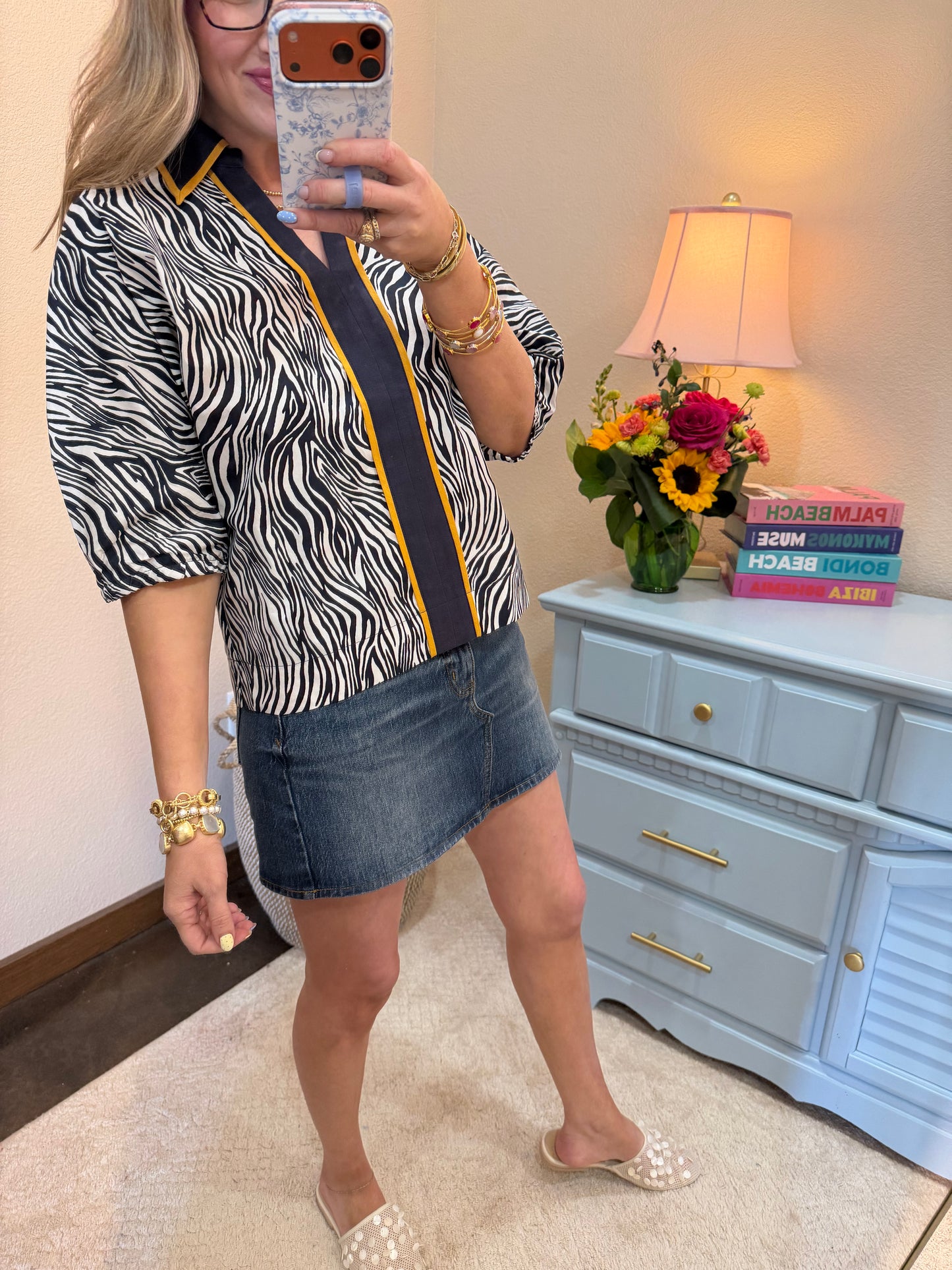 Navy Contrast Collared Zebra Print Top