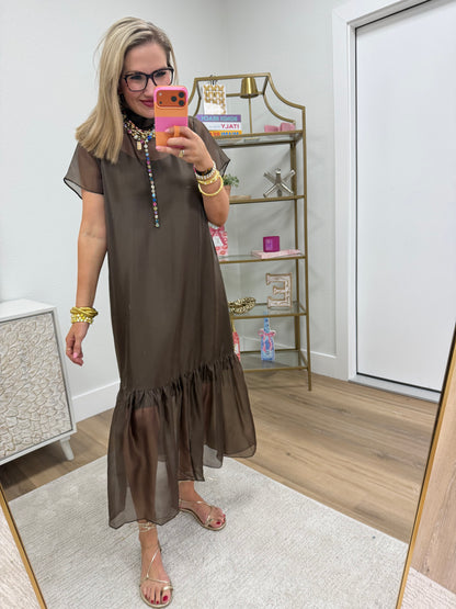 Brown Tie Back Chiffon Midi Dress