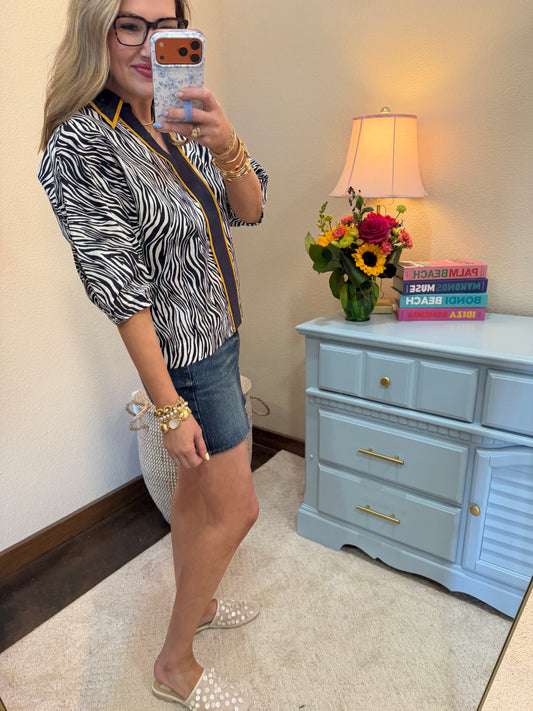 Navy Contrast Collared Zebra Print Top