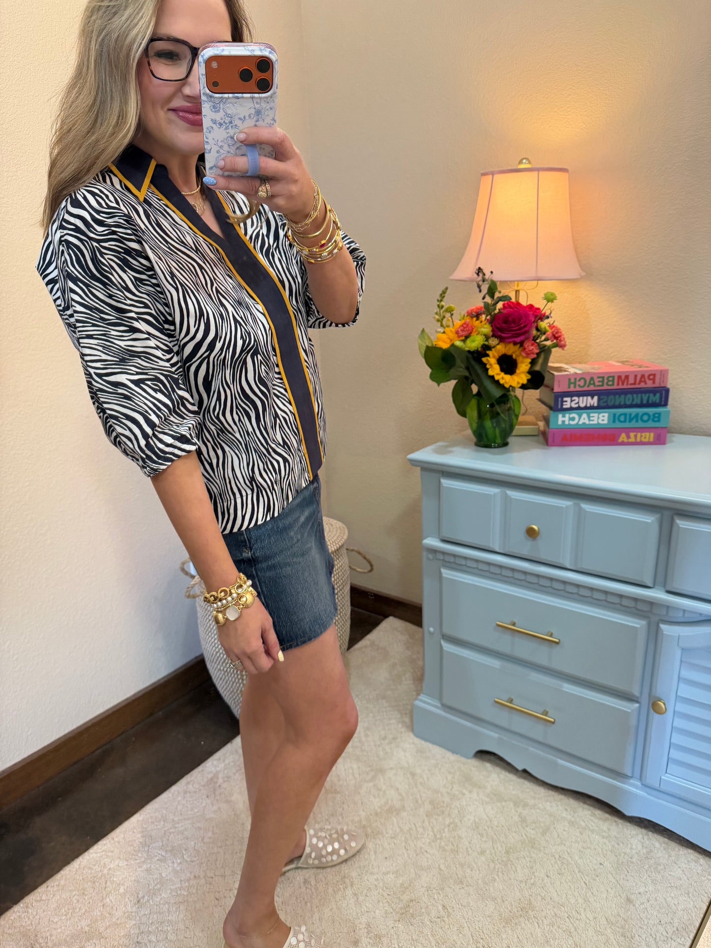 Navy Contrast Collared Zebra Print Top