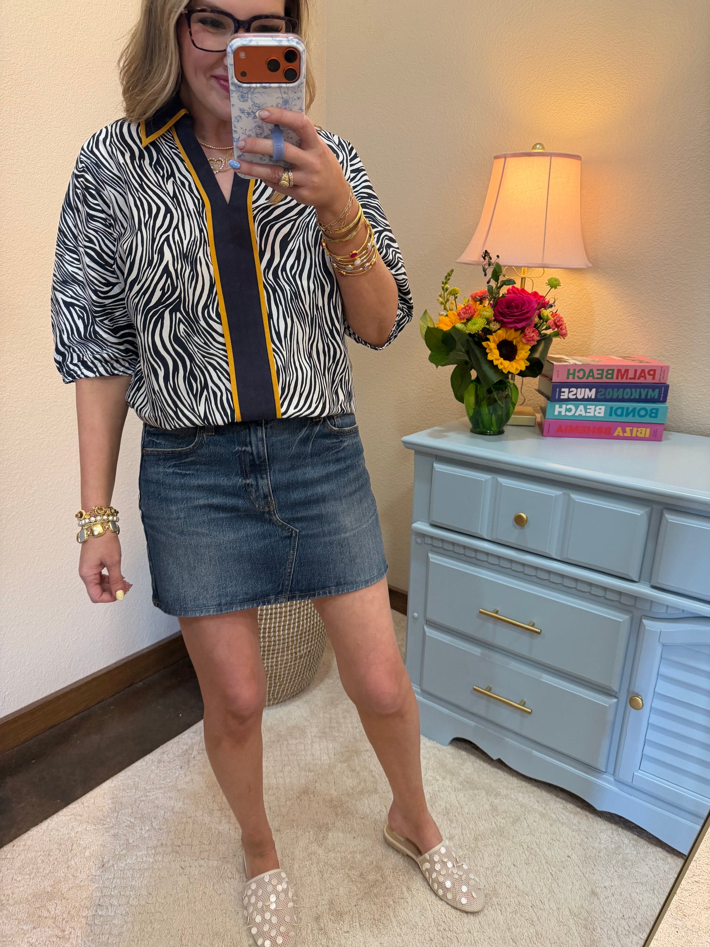 Navy Contrast Collared Zebra Print Top