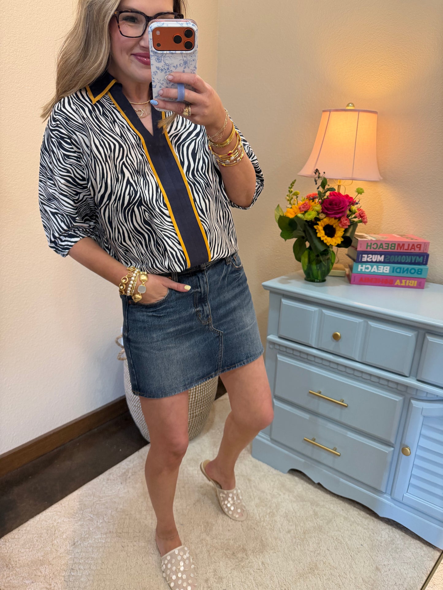 Navy Contrast Collared Zebra Print Top