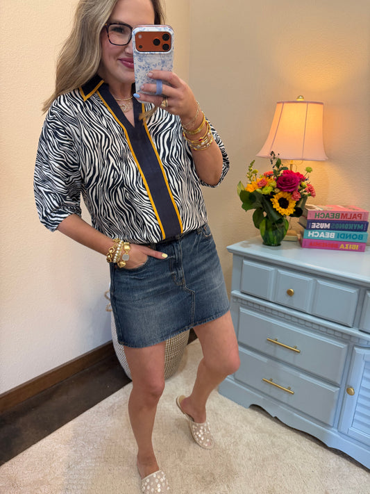Navy Contrast Collared Zebra Print Top