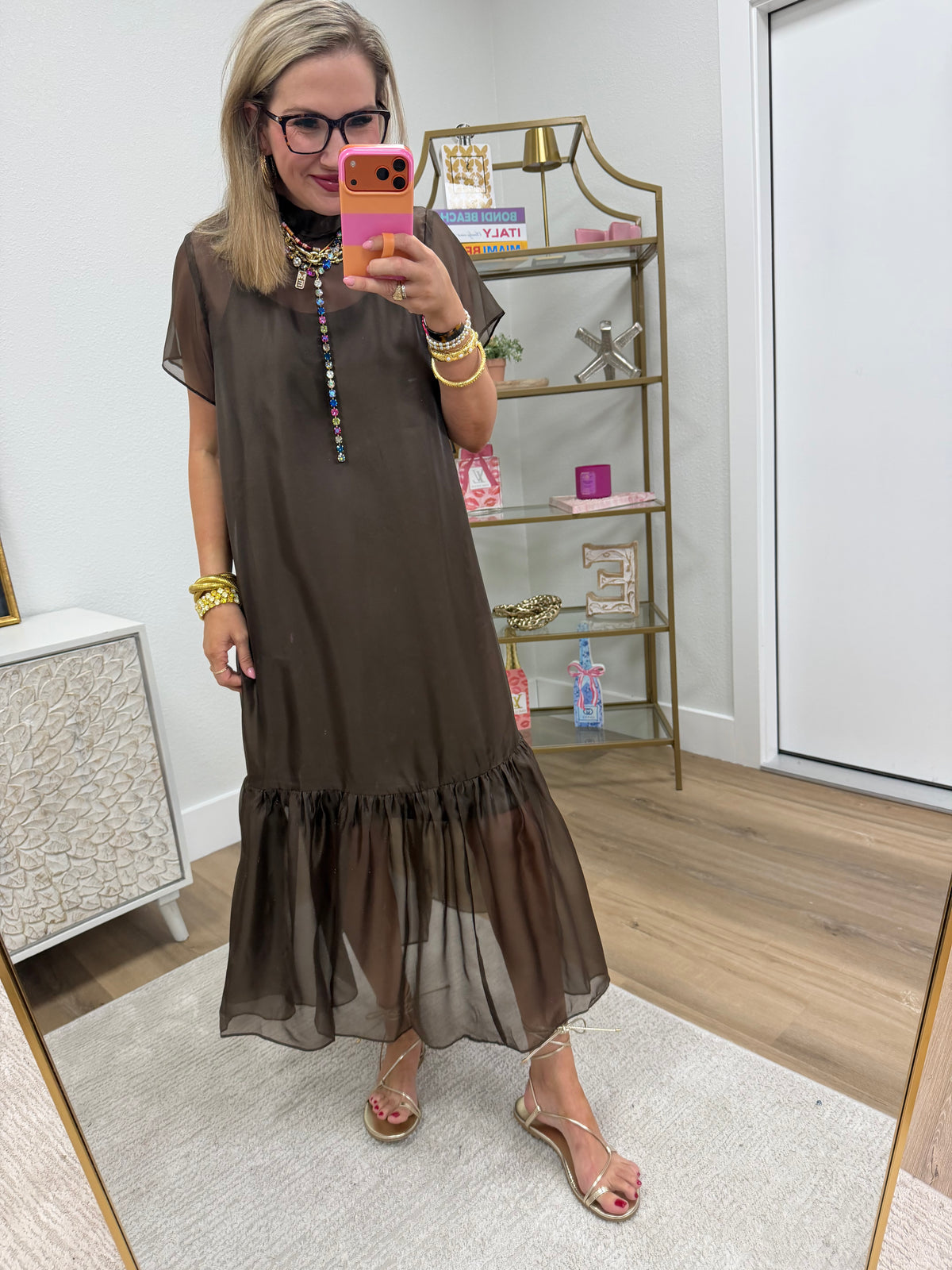 Brown Tie Back Chiffon Midi Dress