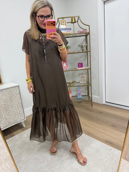 Brown Tie Back Chiffon Midi Dress