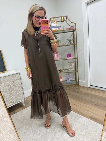 Brown Tie Back Chiffon Midi Dress