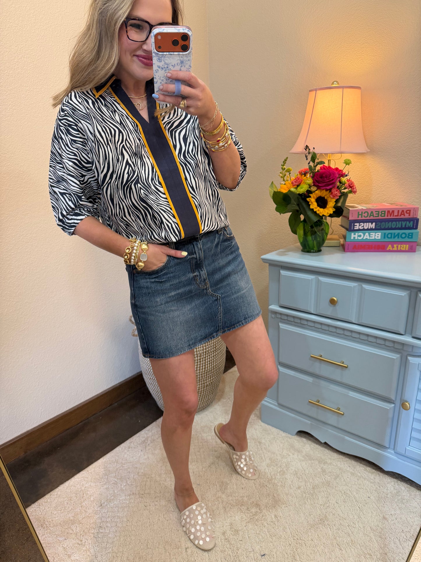 Navy Contrast Collared Zebra Print Top