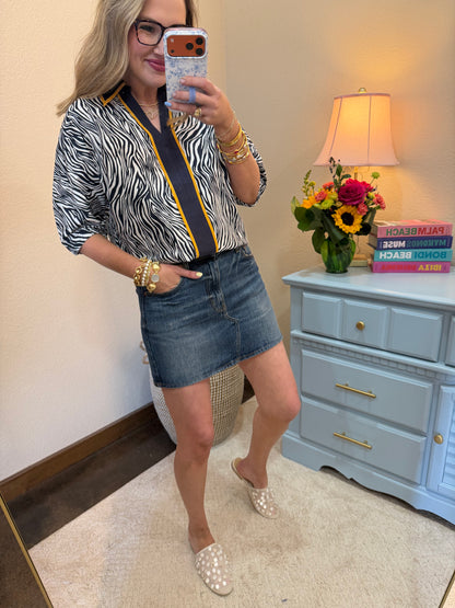 Navy Contrast Collared Zebra Print Top