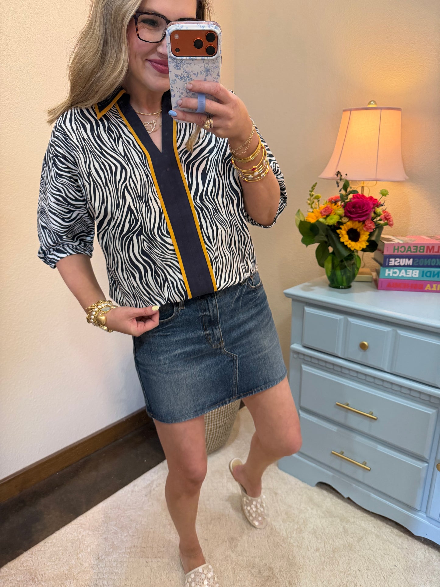 Navy Contrast Collared Zebra Print Top