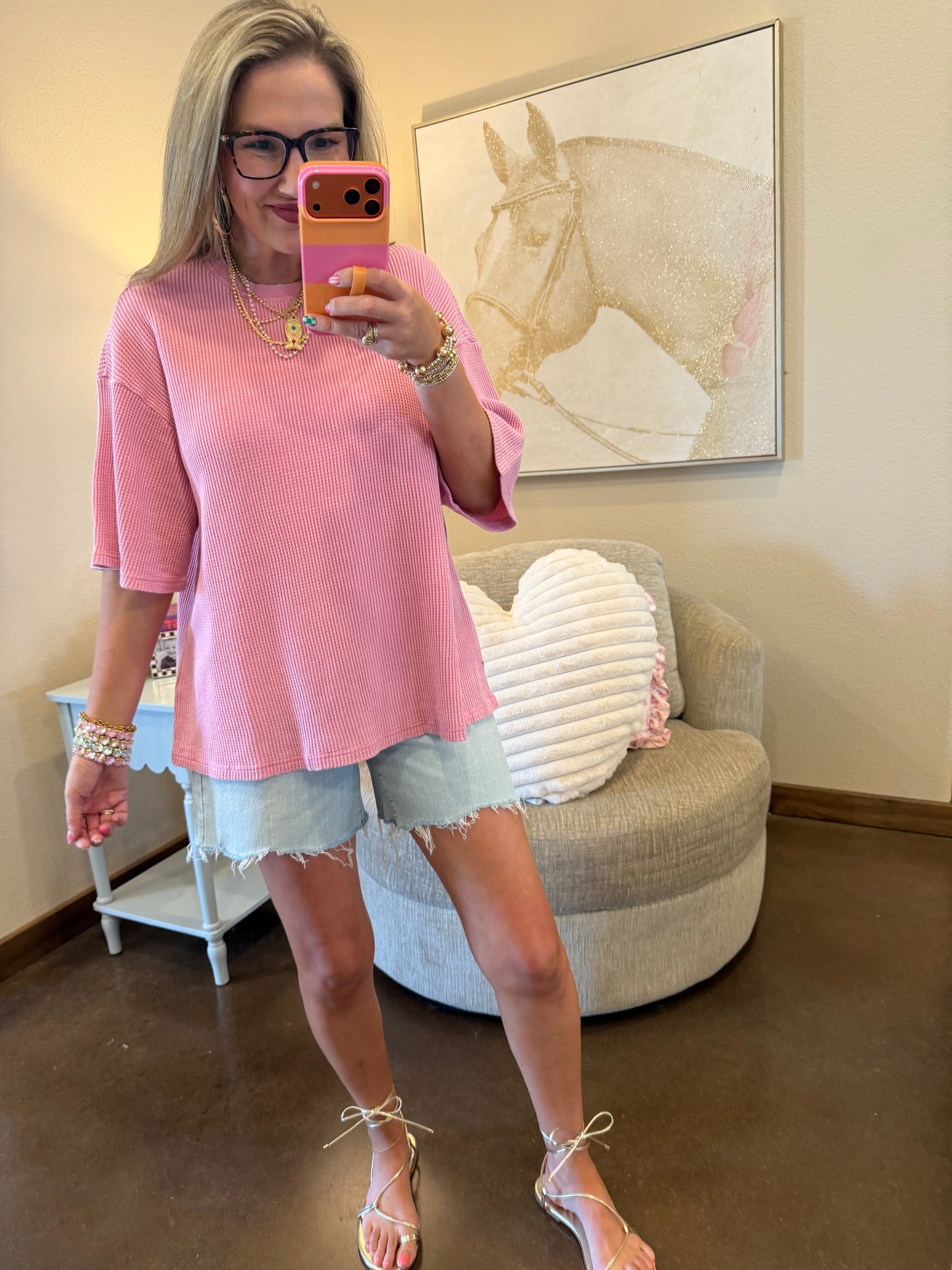 Pink Mineral Wash Waffle Crew Neck Short Sleeve Top