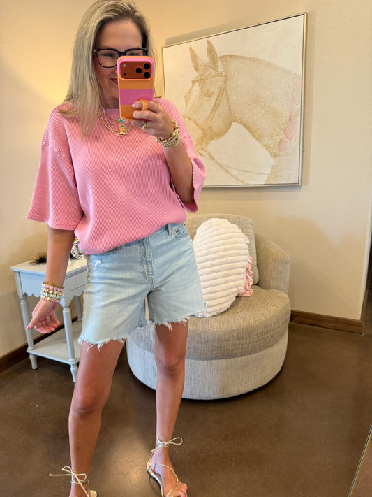 Pink Mineral Wash Waffle Crew Neck Short Sleeve Top