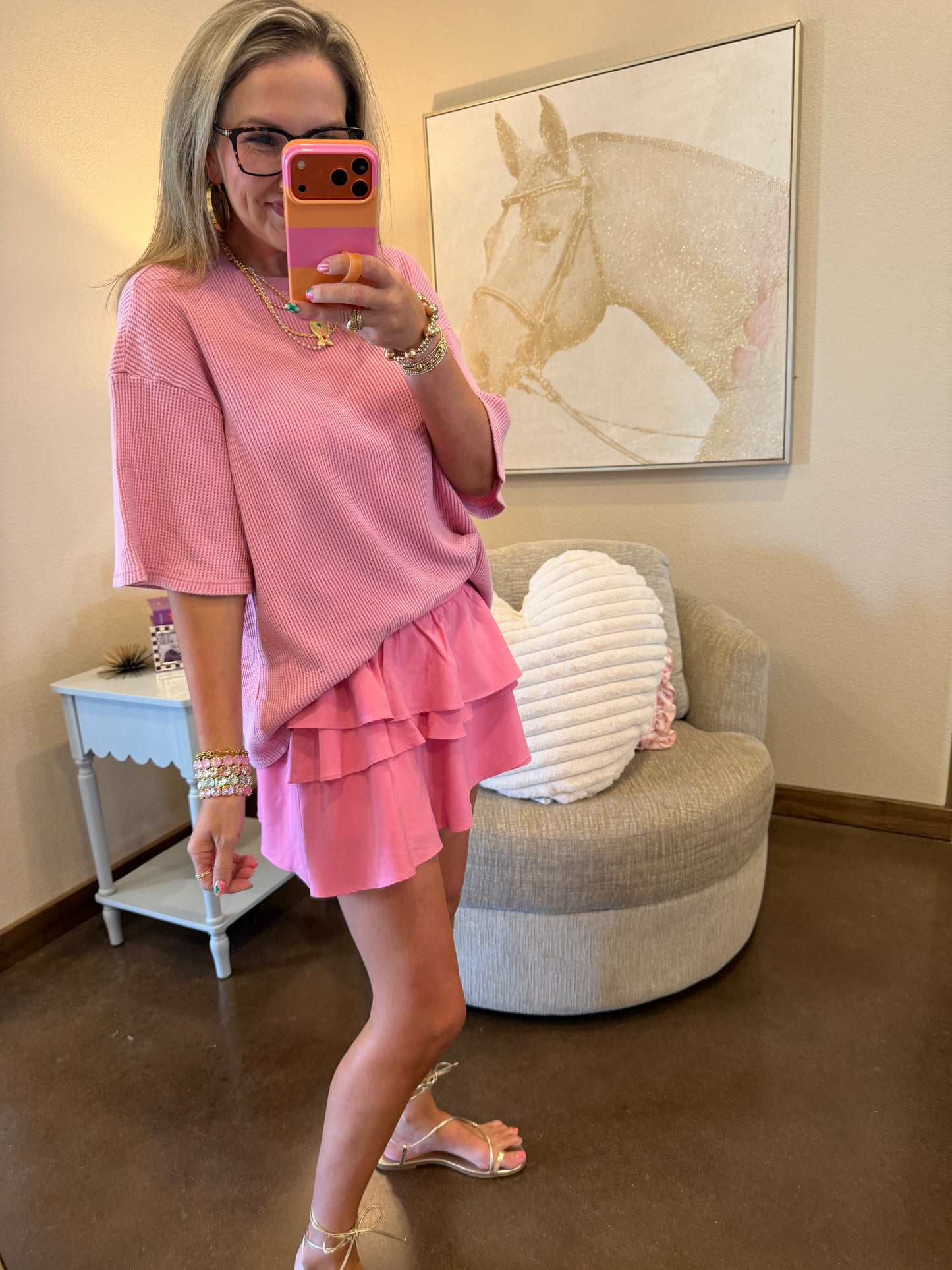 Pink Mineral Wash Waffle Crew Neck Short Sleeve Top